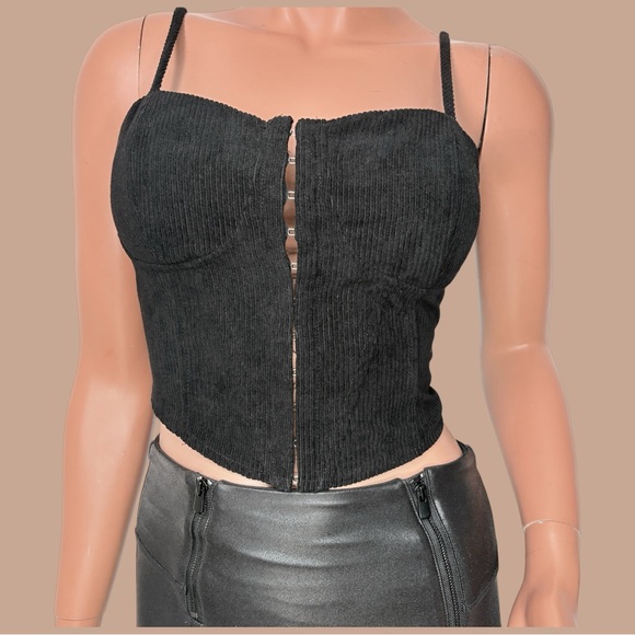 90s Black Corduroy Corset Top Hook Eye Closure Y2K Indie Sleaze Dark Coquette M - Picture 3 of 8